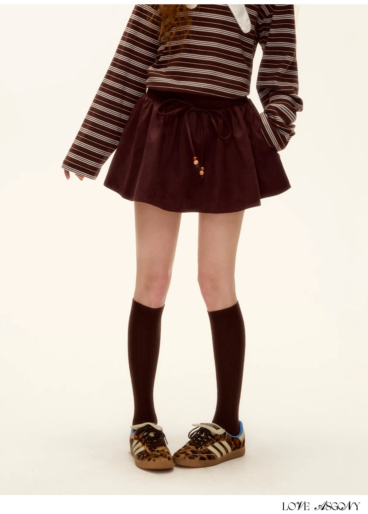 ASGONY - Red Suede Bubble Mini Skirt with Beaded Drawstring