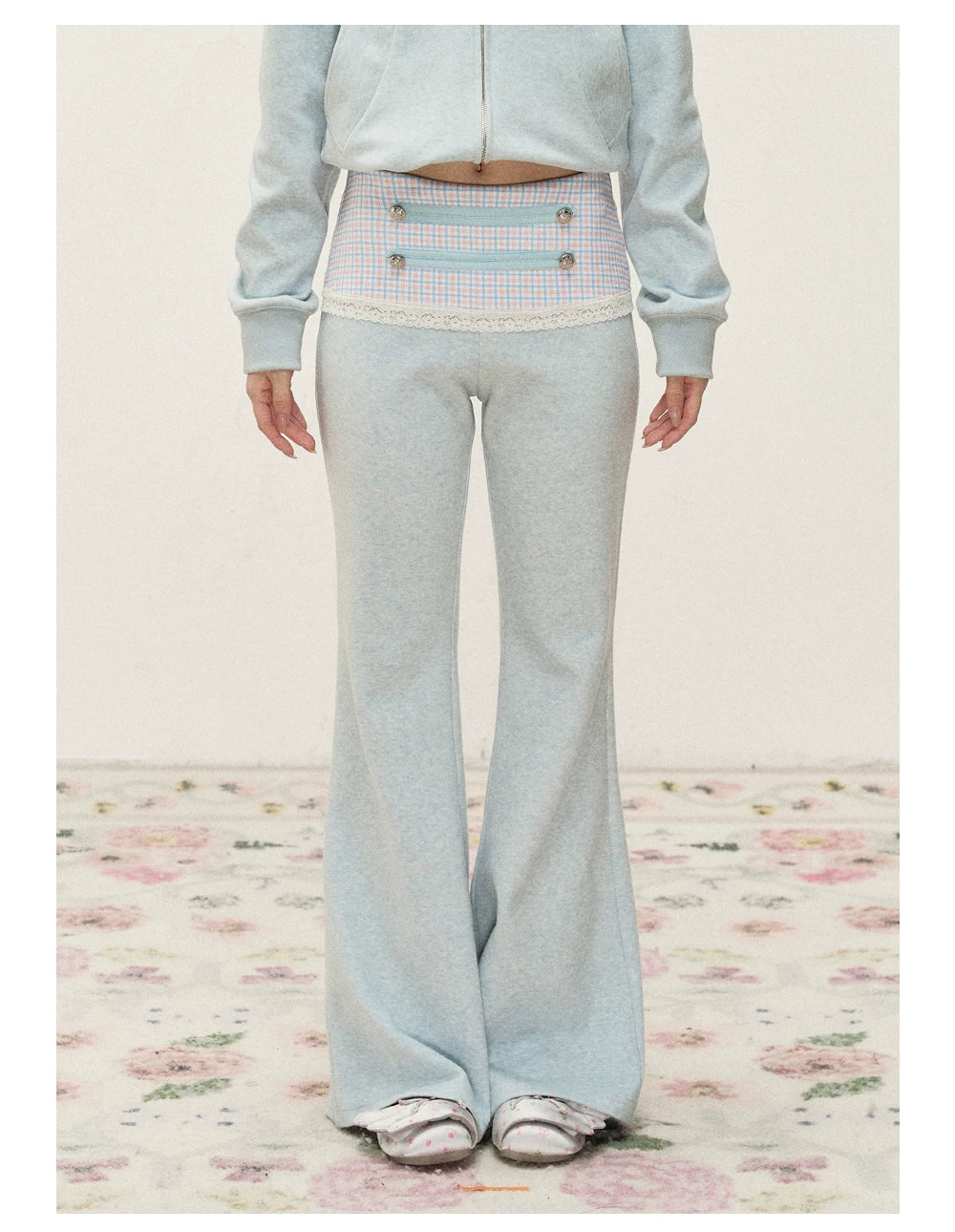 [RF] Soft Gingham Color-Block Hoodie and Flare Pants Set (Blue / Mauve)