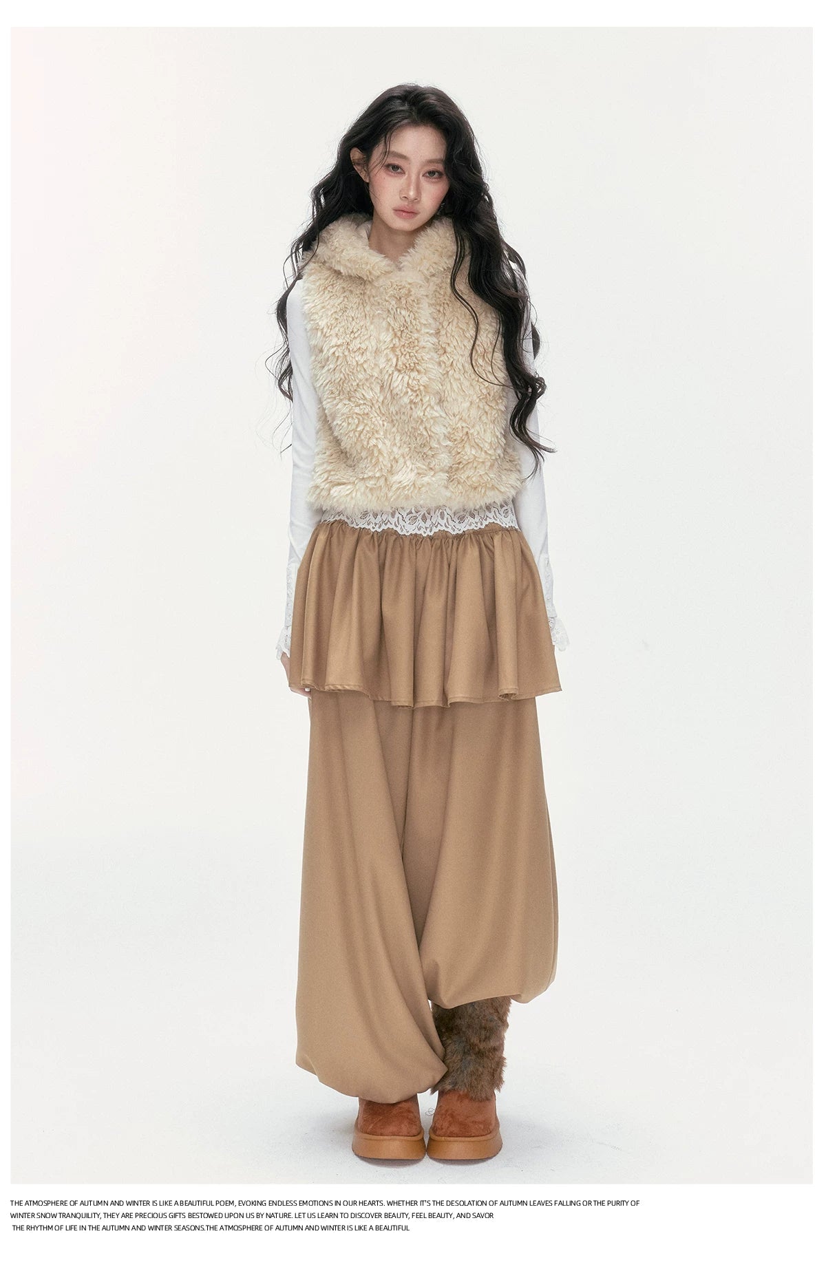 24olvides - Winter Mood Faux Fur Hooded Vest (Pink / Khaki / Cream White with Polka Dots)