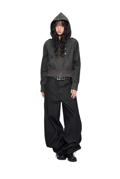 EZEK | Cropped Hooded Sweatshirt Jacket with Double Metal Snap Closure (Black / Gray)