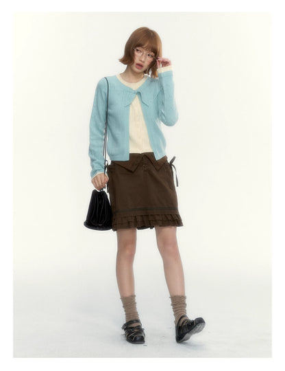 Korean Contrast Bow-Tie Layered Knit Cardigan (Blue / Purple)