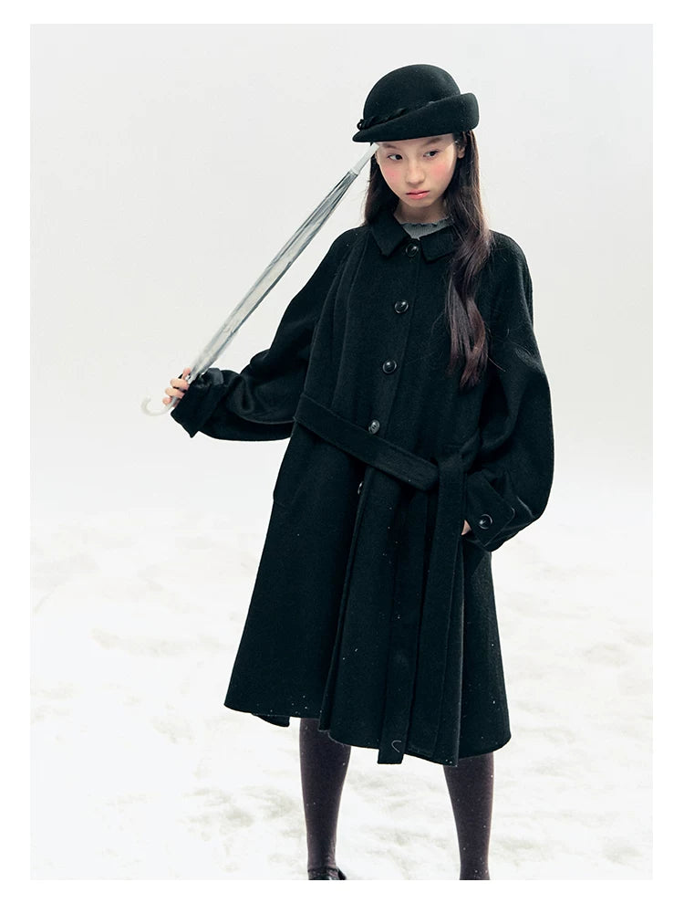"Black & White Waltz" Hand-Stitched Wool-Blend Swing Coat (Ivory/ Black)