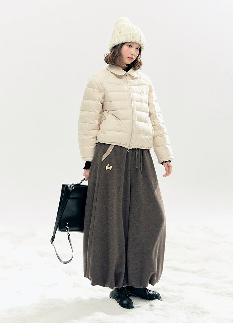"Bunny Tea Party" Fleece-Lined Balloon Wide-Leg Pants (Hazelnut Brown/ Midnight Gray)
