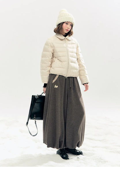 "Bunny Tea Party" Fleece-Lined Balloon Wide-Leg Pants (Hazelnut Brown/ Midnight Gray)