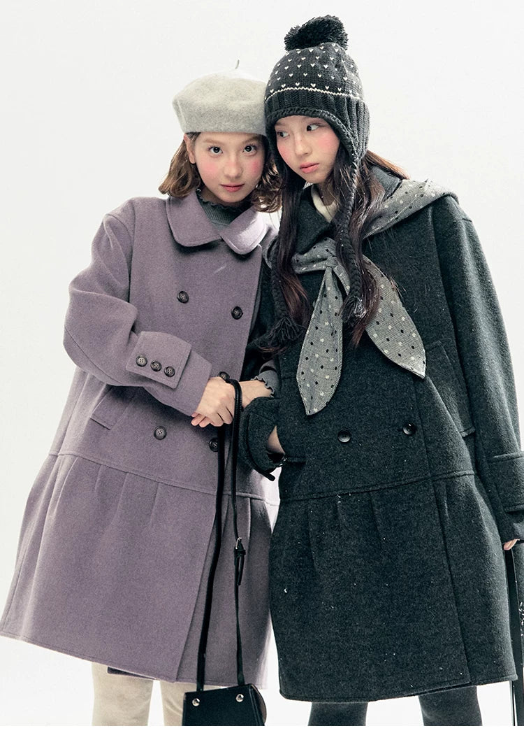 "Winter Chime" Double-Breasted Quilted Wool-Blend Coat (Smoky Purple/ Ash Gray)