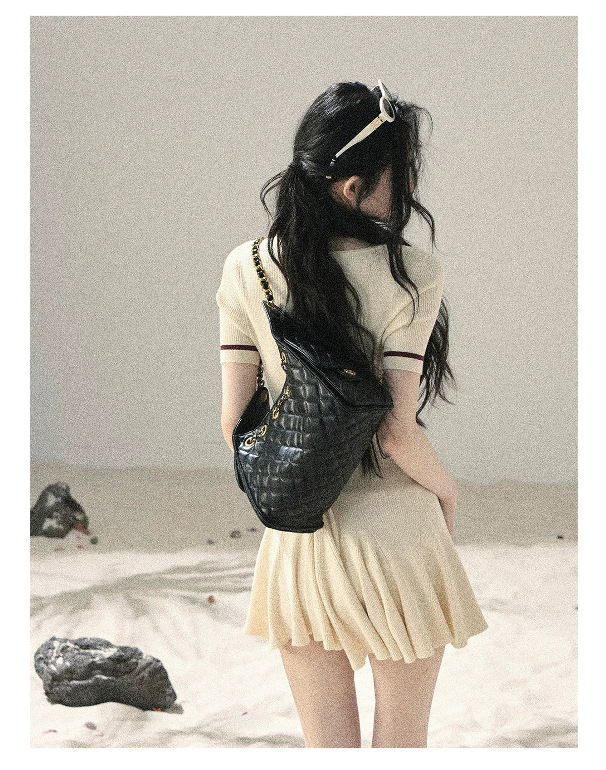 "First Date" Ivory Square Neck Knit Pleated Mini Dress