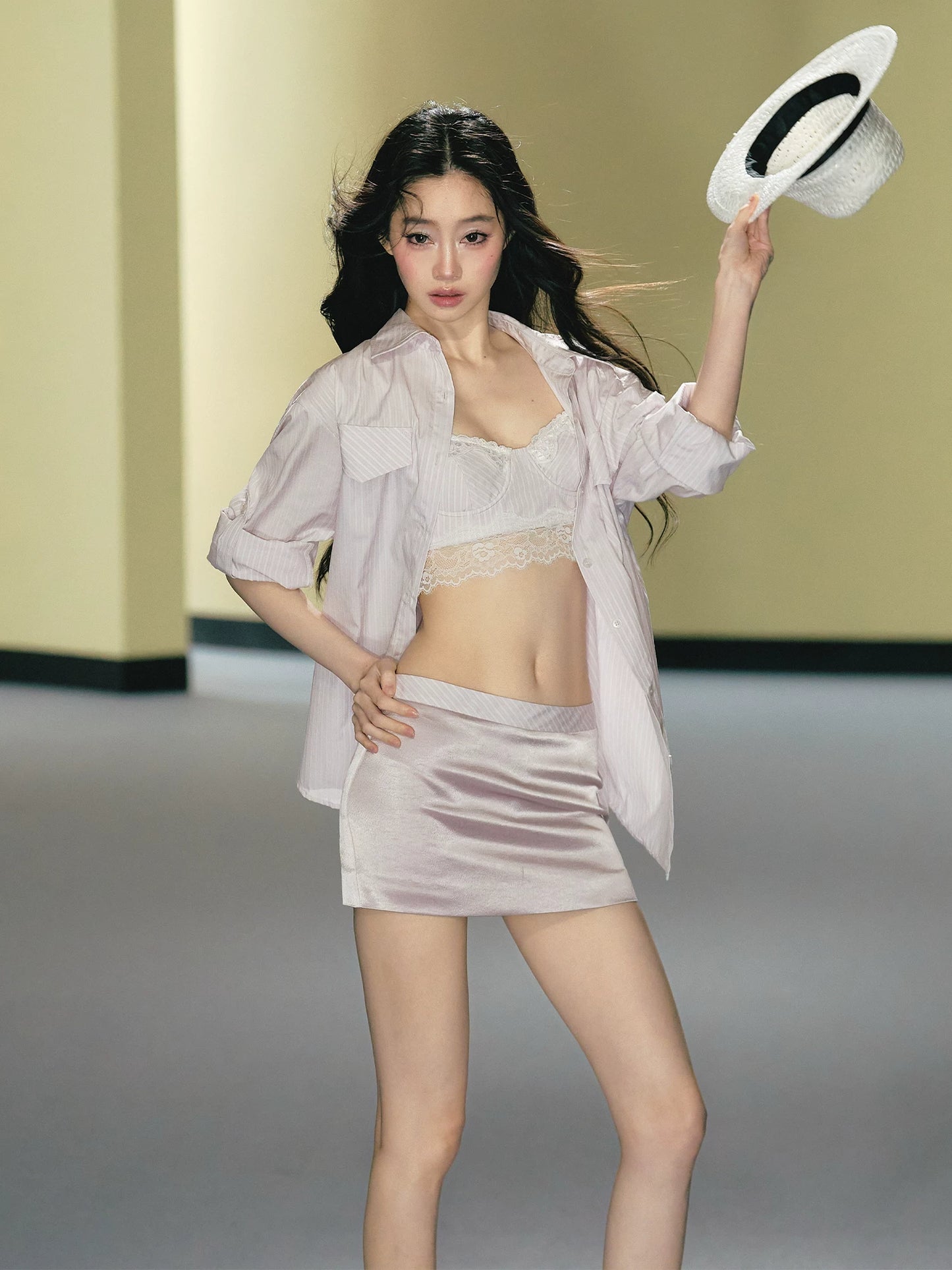 "Rosé Study Session" Pink Stripe Shirt, Lace Corset Cami & Champagne Skort Set