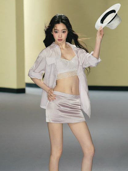 "Rosé Study Session" Pink Stripe Shirt, Lace Corset Cami & Champagne Skort Set