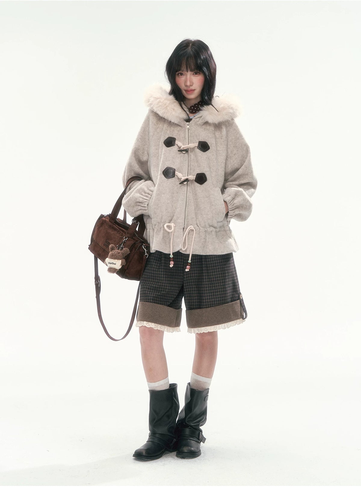 CAN - "Frosted Cloud Reverie" Beige Gray Detachable Faux-Fur Collar Wool-Blend Jacket