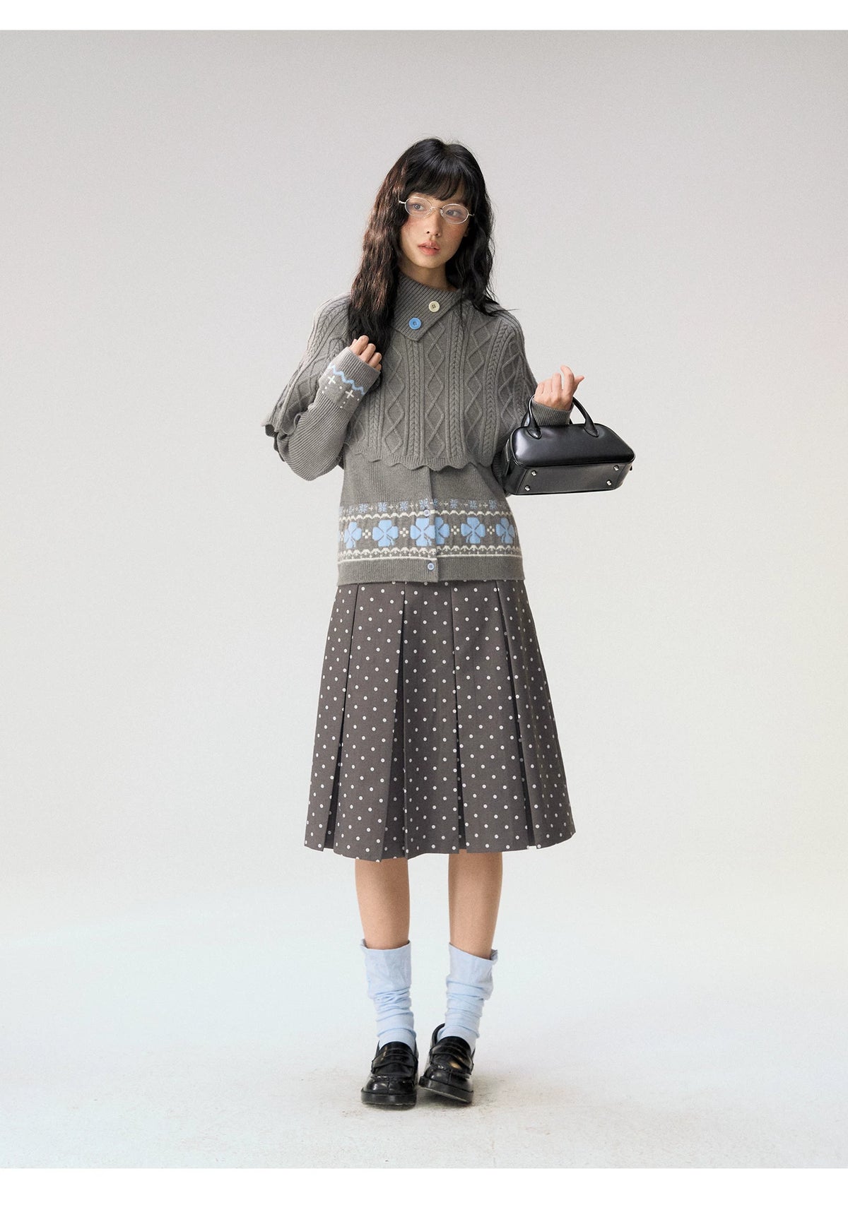 [CAN] “Misty Dot” Gray Polka Dot Pleated A-Line Midi Skirt