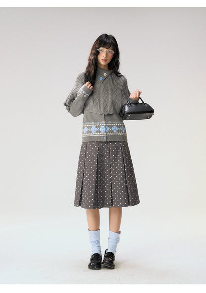 [CAN] “Misty Dot” Gray Polka Dot Pleated A-Line Midi Skirt