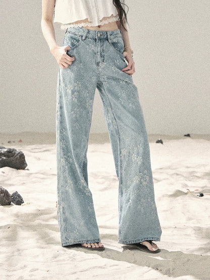 "Twinkling Starlight" Sky Blue Floral Rhinestone Wide-Leg Jeans