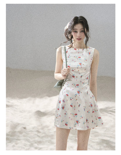 "Where Every Bloom Begins" Dutch Cream Floral Satin Puff Mini Dress (With Matching Scrunchie)