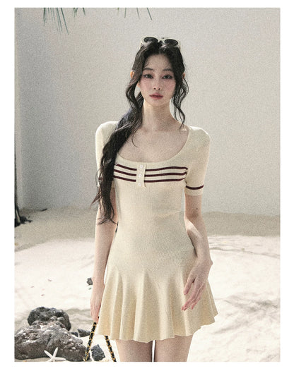 "First Date" Ivory Square Neck Knit Pleated Mini Dress