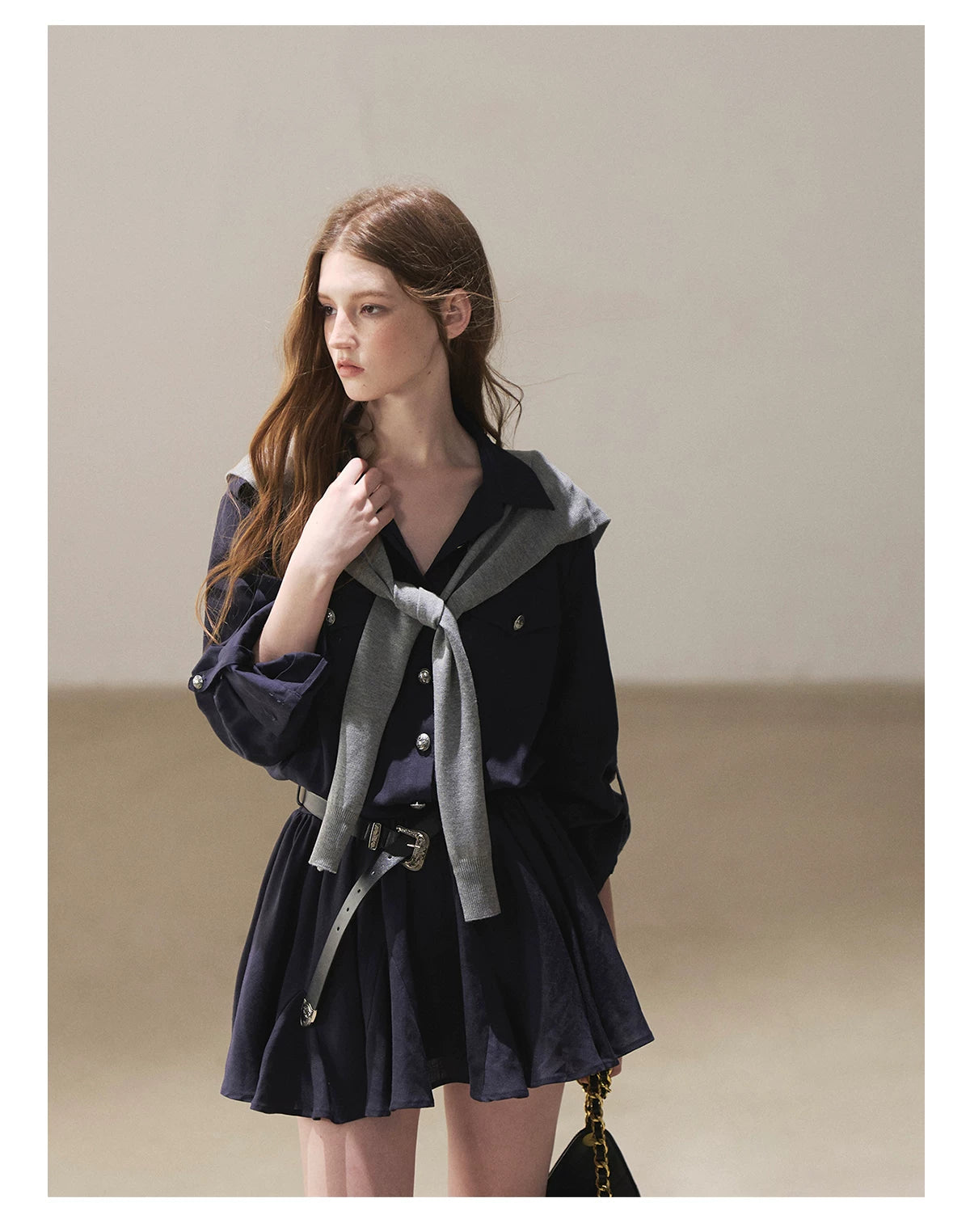 AOMALM - "Moonlight Sinks into the Sea" High-Intellect Utility Shirt Dress (Plain White / Navy Blue, with Belt & Optional Shawl)