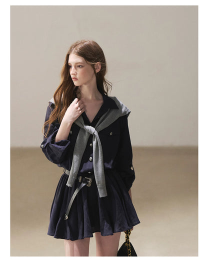 AOMALM - "Moonlight Sinks into the Sea" High-Intellect Utility Shirt Dress (Plain White / Navy Blue, with Belt & Optional Shawl)