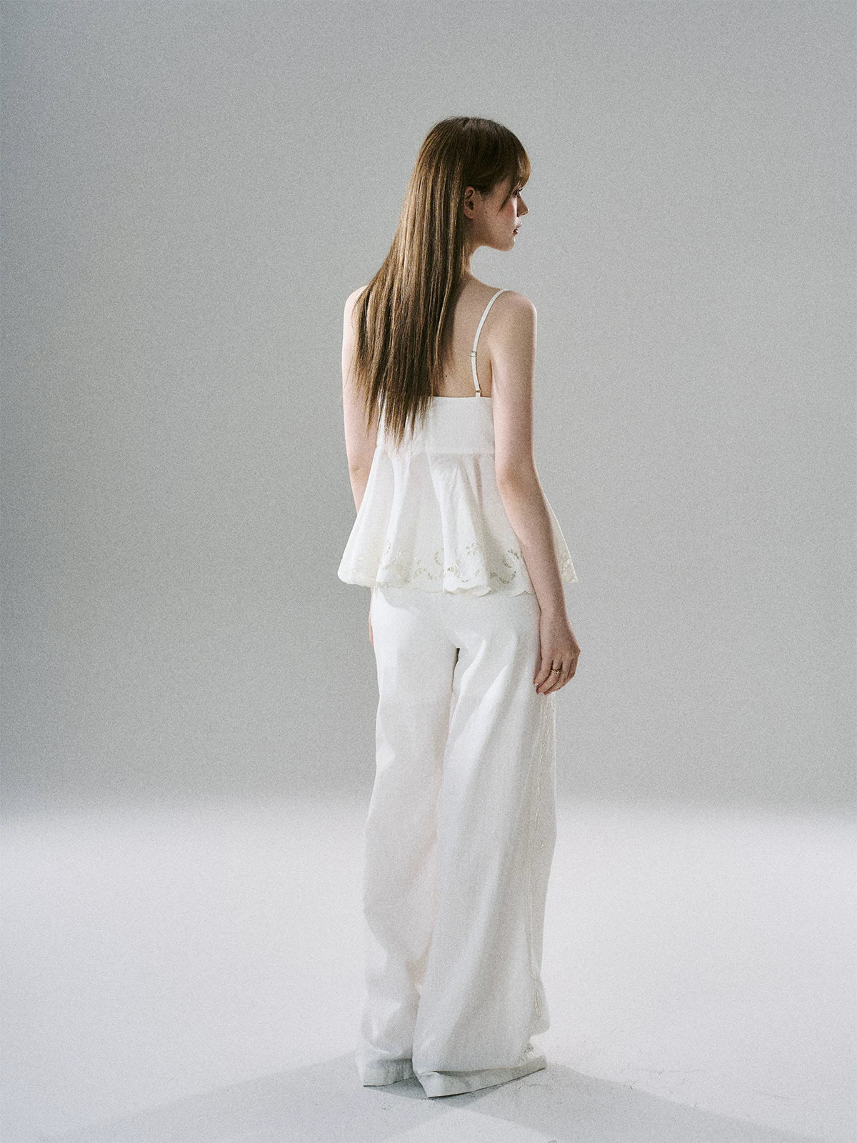 LOST FOREST - White Embroidered Linen-Blend Camisole & Wide-Leg Pants Set