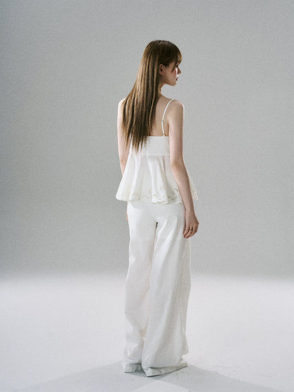 LOST FOREST - White Embroidered Linen-Blend Camisole & Wide-Leg Pants Set