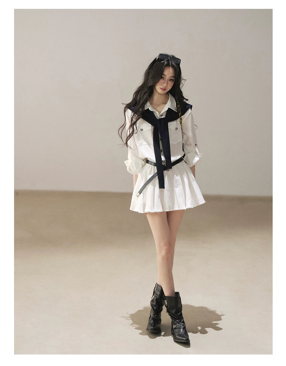 AOMALM - "Moonlight Sinks into the Sea" High-Intellect Utility Shirt Dress (Plain White / Navy Blue, with Belt & Optional Shawl)