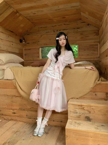 [RF] “Peach Blossom Layers” Peach Pink Striped Floral Print Short-Sleeve T-Shirt