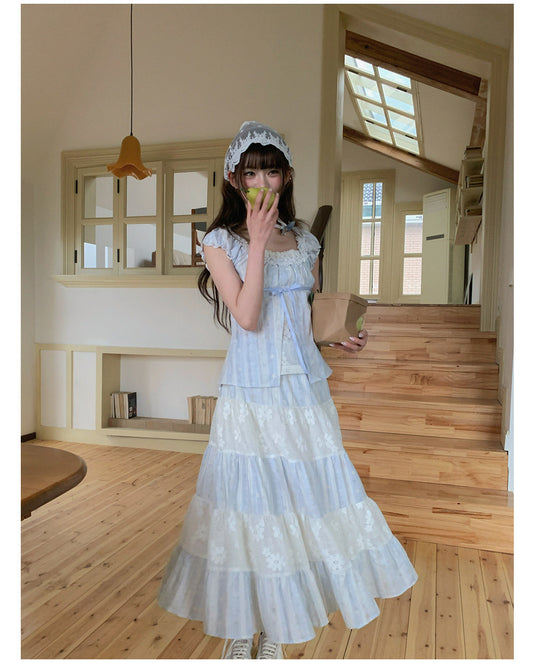 “Sea Salt Reverie” Blue Square Neck Blouse & Lace Tiered Maxi Skirt
