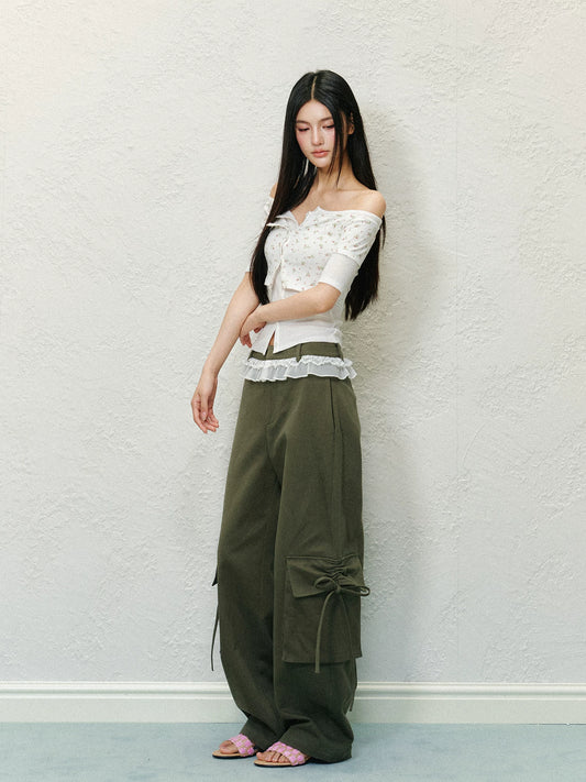 "Field Notes" Contrast Pocket Drawstring Cargo Pants (Army Green/ Grape Purple)