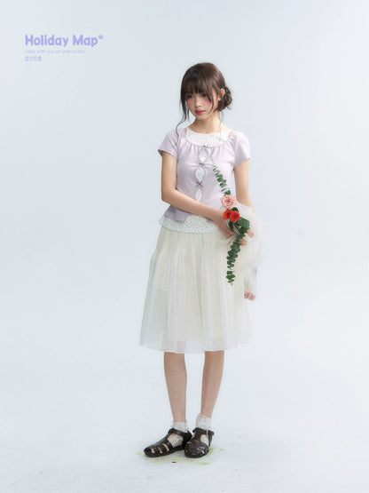 Korean Layered Bow Knit Short Sleeve T-Shirt in Violet