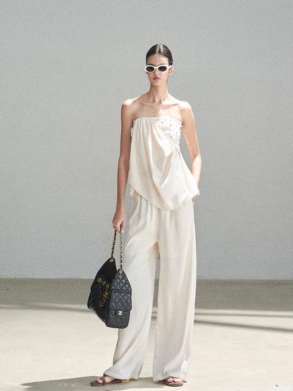 "Summer Rain at Dusk" Cream Beige Satin Two-Piece Set