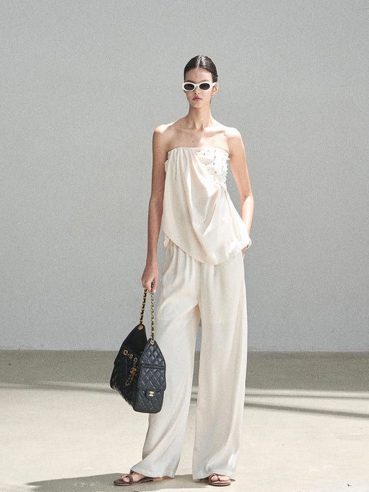 "Summer Rain at Dusk" Cream Beige Satin Two-Piece Set