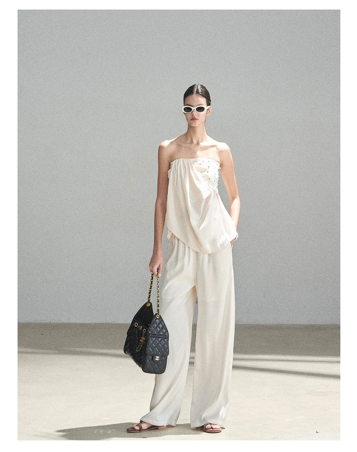 "Summer Rain at Dusk" Cream Beige Satin Two-Piece Set