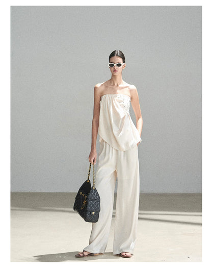"Summer Rain at Dusk" Cream Beige Satin Two-Piece Set