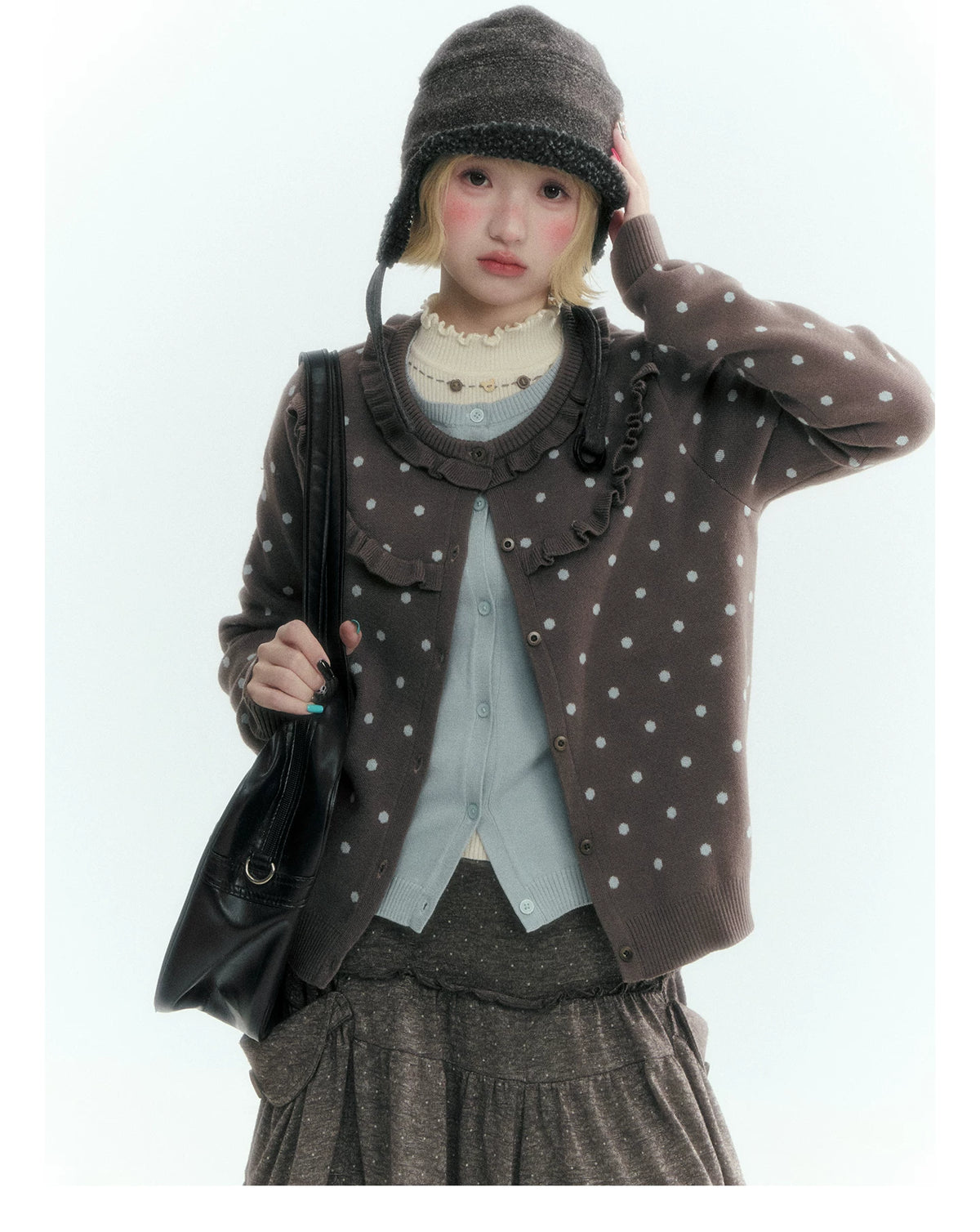 Dark Taupe Brown Polka Dot Layered Knit Sweater