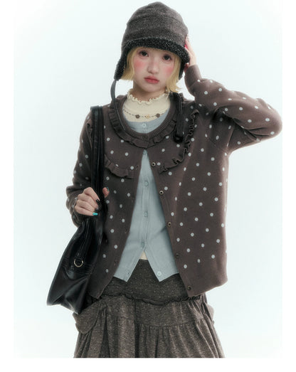 Dark Taupe Brown Polka Dot Layered Knit Sweater