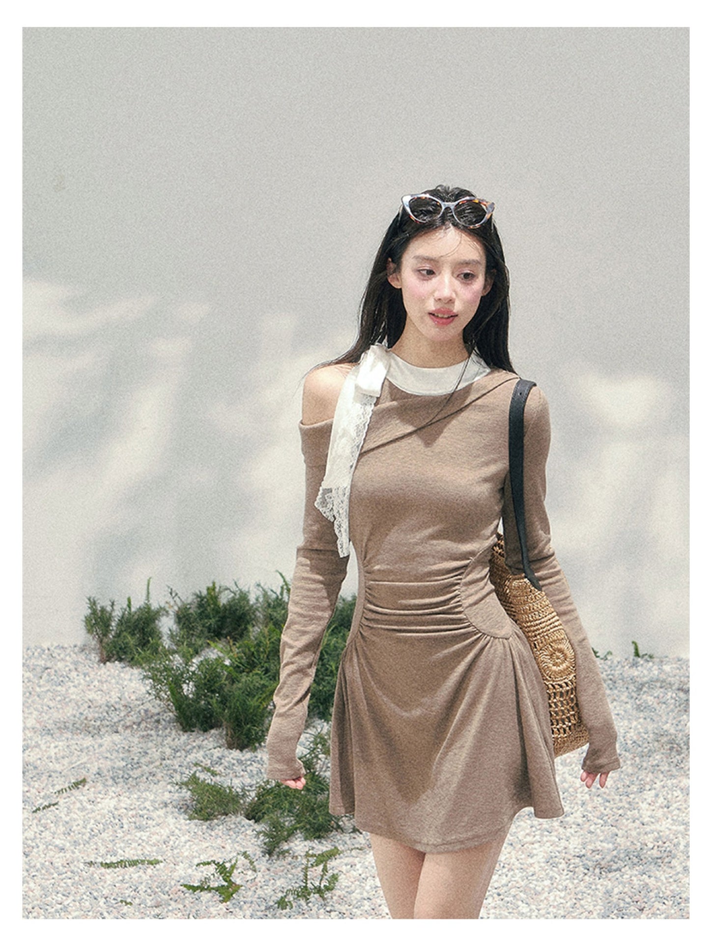 少也眼 “Lingering Warmth Entwined” Layered French Lace One-Shoulder Mini Dress - Milk Tea Beige 5435553