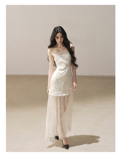 170726 "Your Open Meadow" Cream Apricot White Lace Slip Dress + Gray Taupe Tailored Blazer