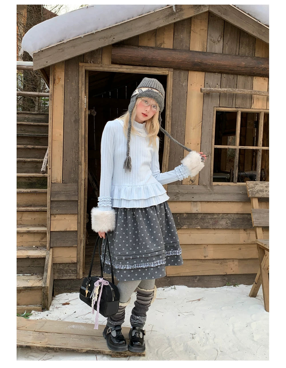 RF - Gray Floral Pinafore Top and Plaid Ruffle Skirt Set