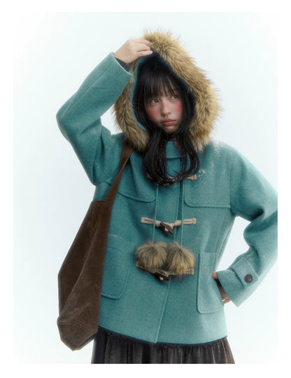 Horridale - Preppy Hooded Wool-Blend Duffle Coat with Pom-Pom Details – Blue Green