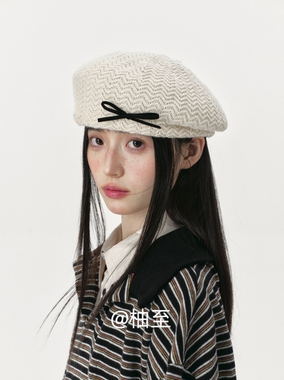 Ivory Cream Bow Knit Beret – Women's French Artist Hat