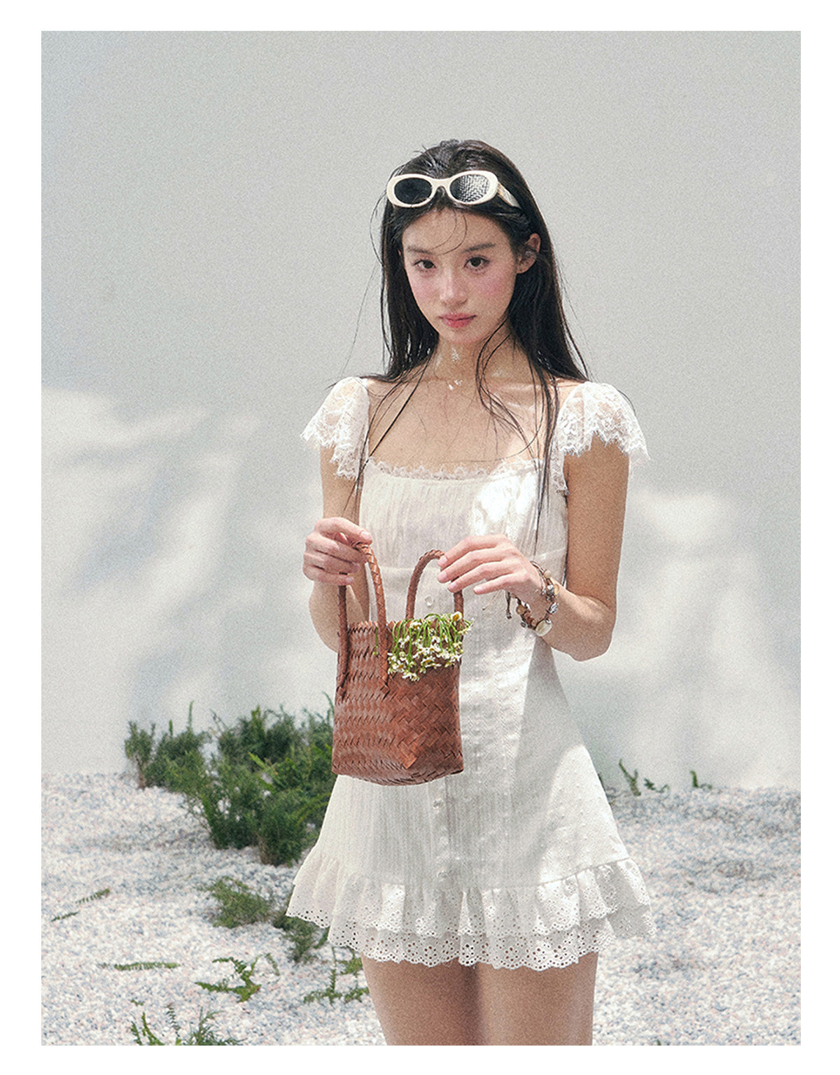 “Summer Tide Reverie” Lace Trim Puff Mini Dress