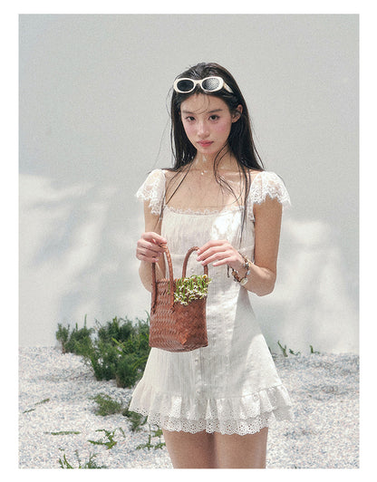 “Summer Tide Reverie” Lace Trim Puff Mini Dress