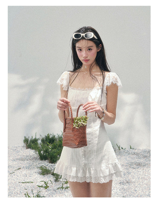 “Summer Tide Reverie” Lace Trim Puff Mini Dress
