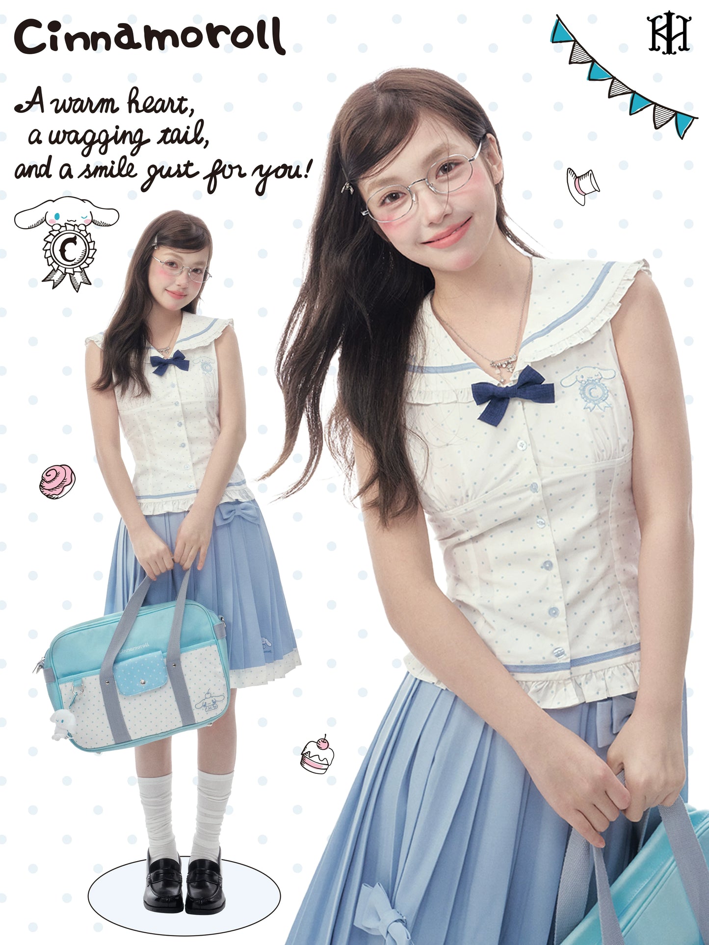 Sleeveless Polka Dot Sailor Collar Shirt & Light Blue Contrast-Trim Skirt