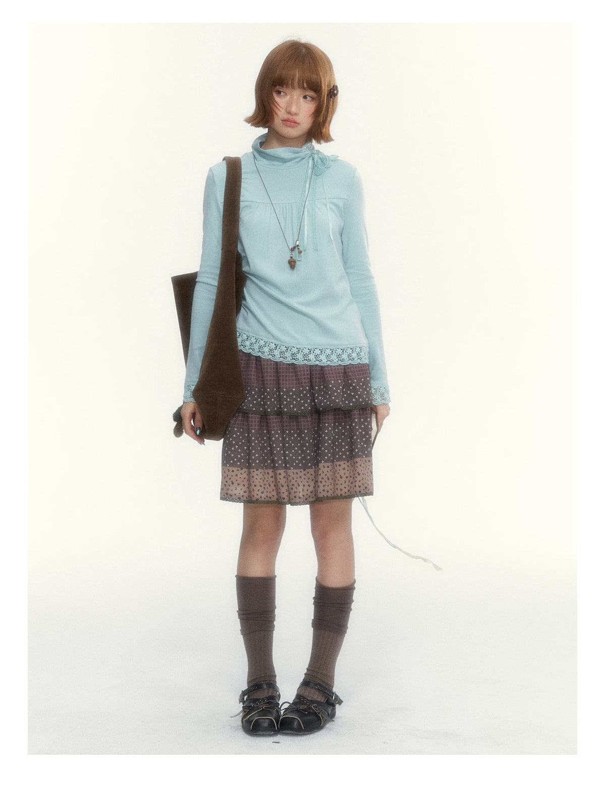 “Caramel Patchwork” Brown Patchwork Floral Plaid Lace A-Line Tiered Skirt