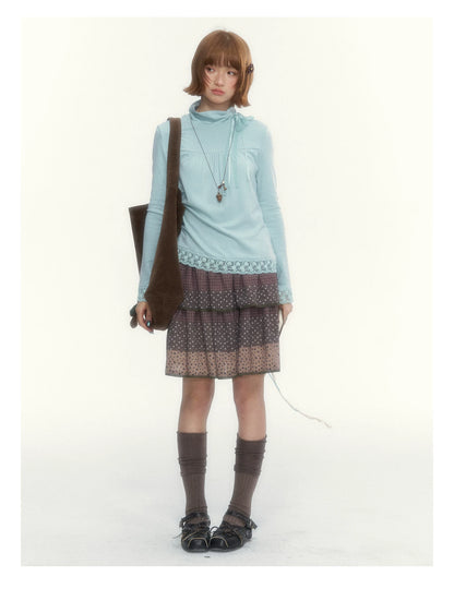 “Caramel Patchwork” Brown Patchwork Floral Plaid Lace A-Line Tiered Skirt