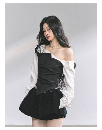 少也眼 "Gossip Senior Muse" Faux-Layered French Asymmetric Shoulder Blouse 56485652