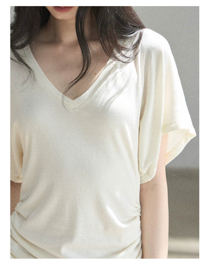"The First Ray of Sunshine" V-Neck Crop Tee (Ginger Yellow. Creamy Apricot White)