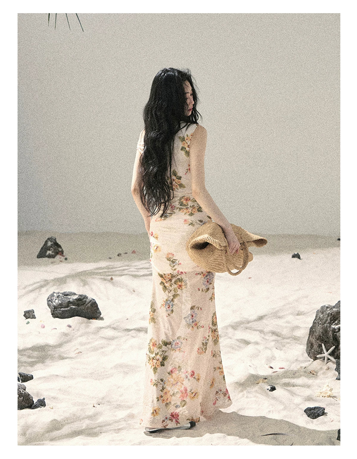 "Waiting for Blossoms" Dutch Cream Floral Mermaid Maxi Dress 43236