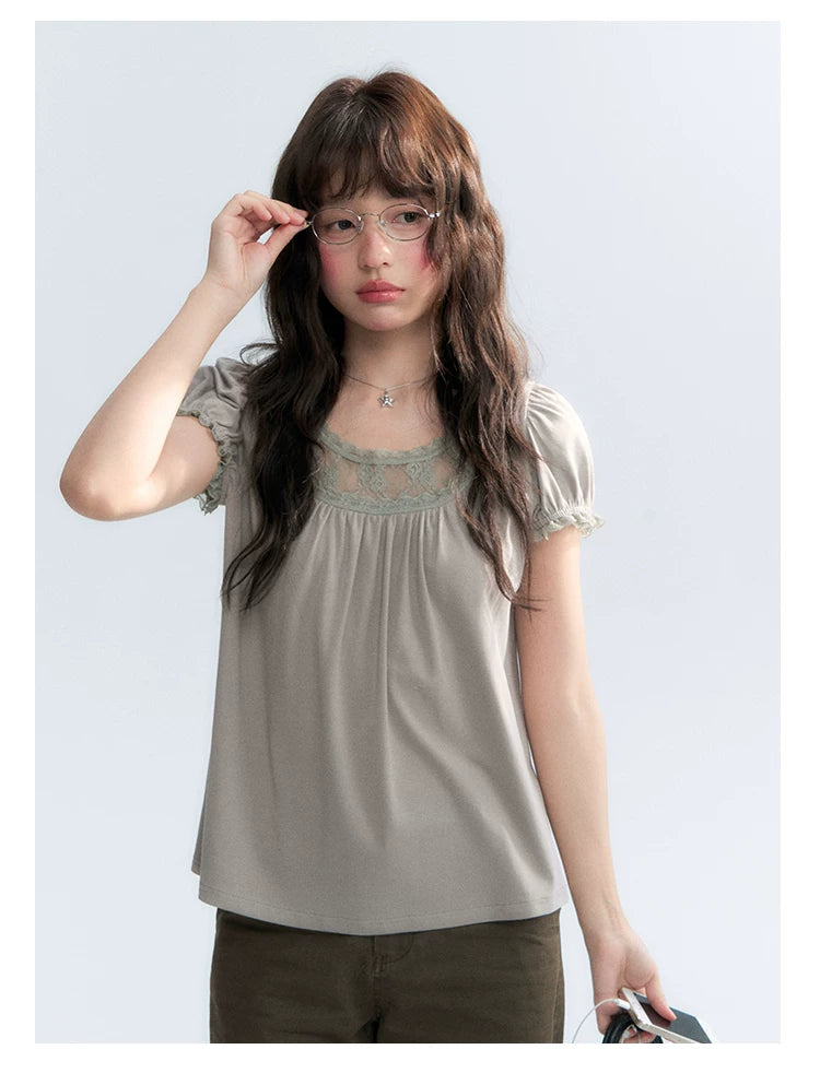 "Vintage Cream" Milk Gray Lace Trim Puff Sleeve T-Shirt