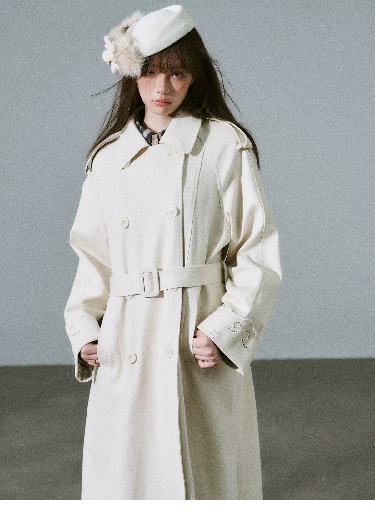 LOST FOREST - Almond Milk White Cutout Embroidered Trench Coat