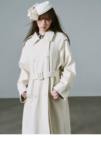 LOST FOREST - Almond Milk White Cutout Embroidered Trench Coat